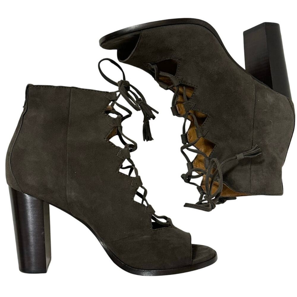 FRYE Booties Gray Suede Leather Lace Up Peep Toe Heeled